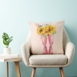 Pink Boots, Blue Bird and Sunflowers Throw Pillow