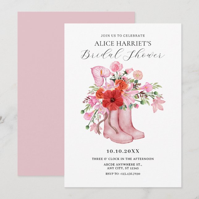 Pink boots flower bouquet bridal shower invitation (Front/Back)