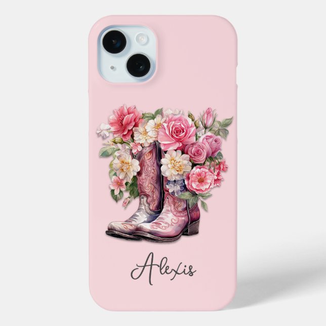 Pink Boots with Flowers Monogrammed Case-Mate iPhone Case (Back)