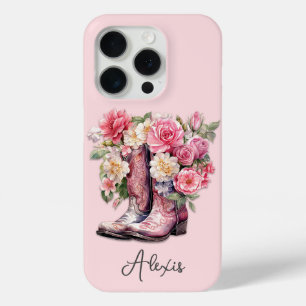 Pink Boots with Flowers Monogrammed iPhone 15 Pro Case