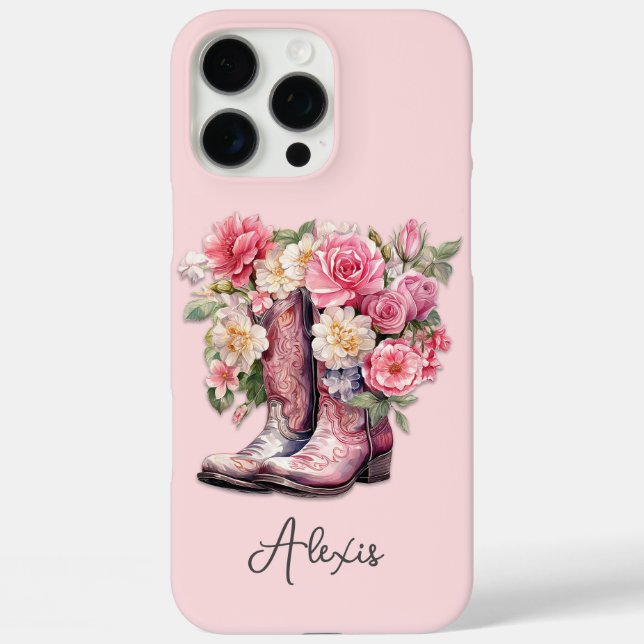 Pink Boots with Flowers Monogrammed Case-Mate iPhone Case (Back)