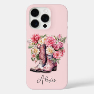 Pink Boots with Flowers Monogrammed iPhone 16 Pro Case