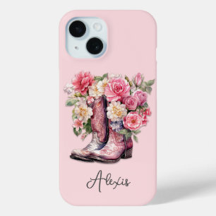 Pink Boots with Flowers Monogrammed iPhone 15 Case