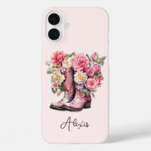 Pink Boots with Flowers Monogrammed iPhone 16 Plus Case