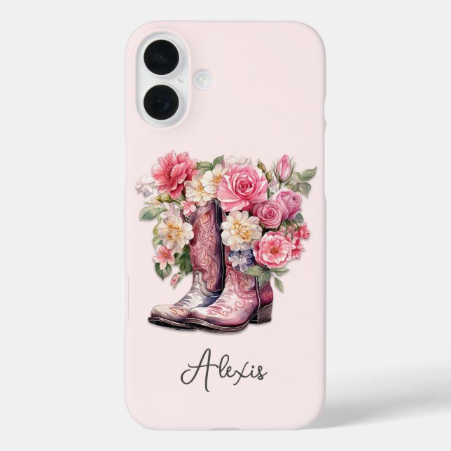 Pink Boots with Flowers Monogrammed Case-Mate iPhone Case (Back)