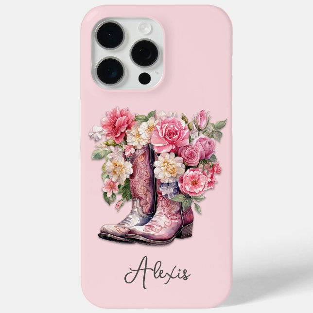 Pink Boots with Flowers Monogrammed Case-Mate iPhone Case (Back)