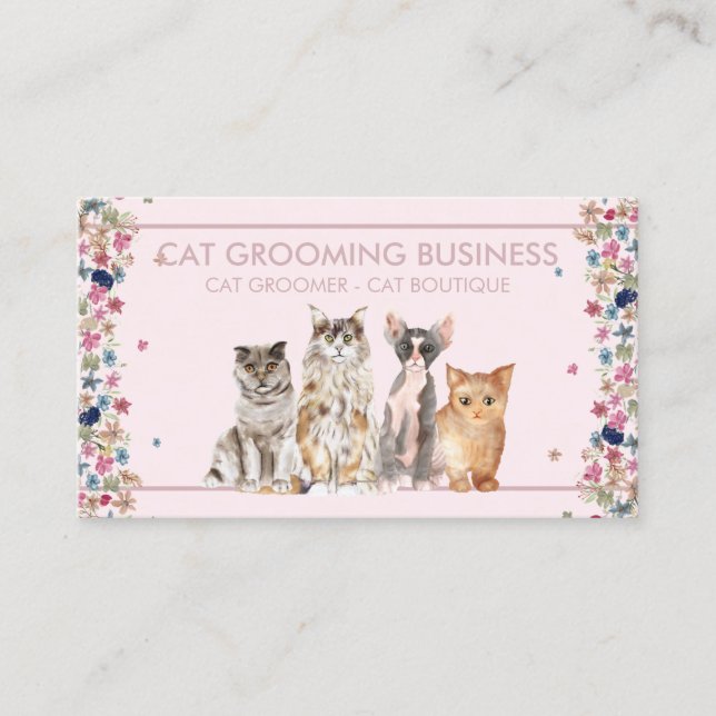 Pink Border Floral Frame Cat Love Pet Paws Business Card (Front)