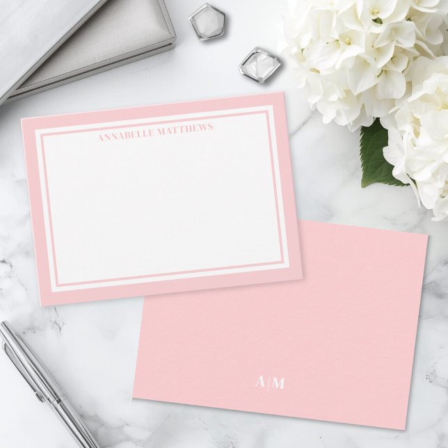 Pink Border Minimalist Name Monogram Card (Pink Border Minimalist Name Monogram Note Card )