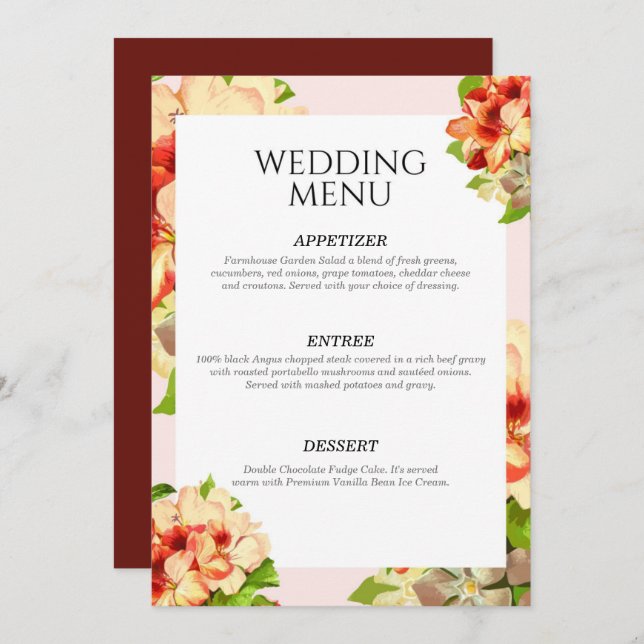 Pink Bordered Floral Wedding Menu Invitation (Front/Back)