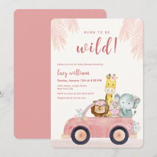Pink Born To Be Wild Safari Animals Baby Shower Invitation