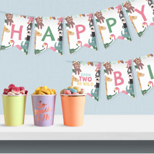 Pink Born Two Be Wild Birthday Bunting Flags