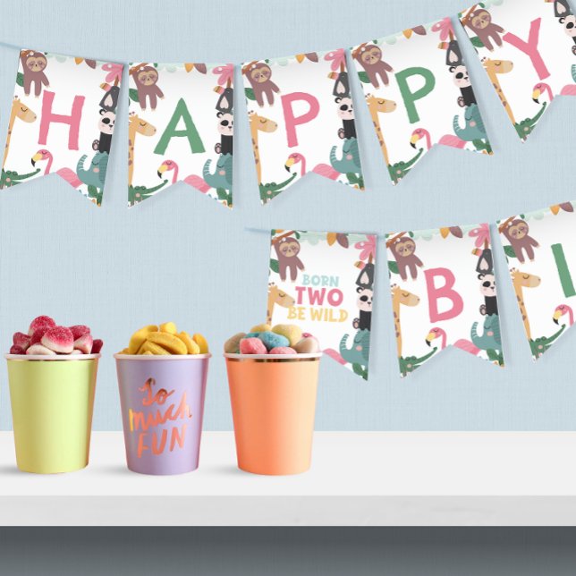 Pink Born Two Be Wild Birthday Bunting Flags (Creator Uploaded)