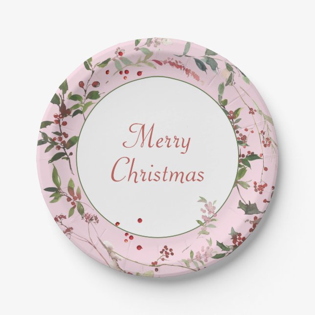 Pink Botanical Berries and Leaves Christmas  Paper Plate (Front)