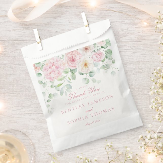 Pink Botanical Floral Hydrangea Wedding Dessert Favour Bag (Clipped)
