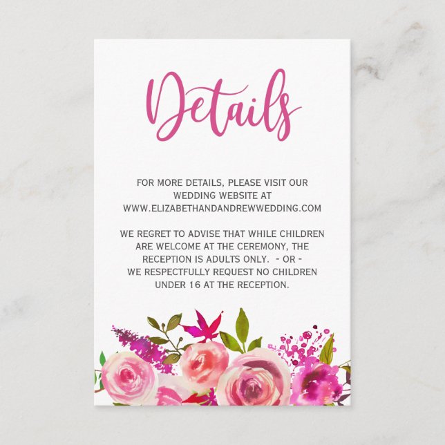 Pink Botanical Floral Wedding Details Info Enclosure Card (Front)