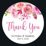 Pink Botanical Floral Wedding Thank You Classic Round Sticker<br><div class="desc">Pink Fuchsia Botanical Floral | Typography Wedding sticker/label for yor gift favour. Modern, chic, soft pink and fuchsia rose watercolor Botanical floral arrangement wedding design on white background. Feature an elegant handwritten typography design with text „Thank You”. Perfect choise for romantic spring and summer weddings. If you need any help...</div>