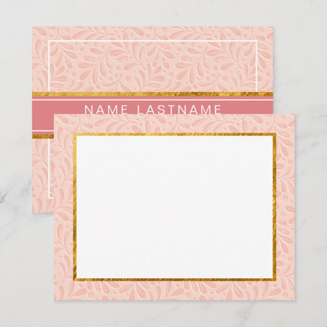 Pink Botanical, Gold & Embossed Leaf Stationery  Card (Front/Back)
