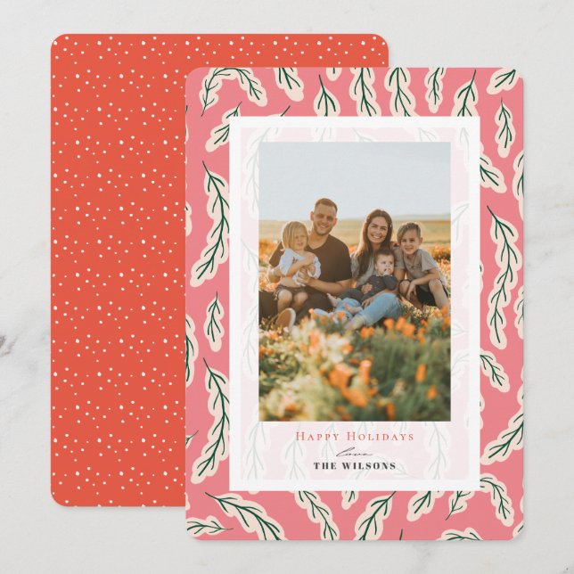 Pink Botanical Pattern Holiday Photo Card (Front/Back)