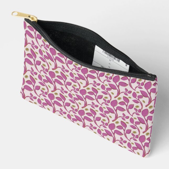 Pink Botanical Vine Pattern | Elegant Floral Leaf  Accessory Pouch (Open)