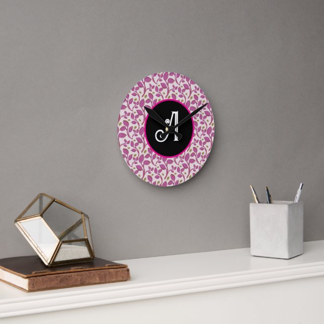 Pink Botanical Vine Pattern | Elegant Floral Leaf  Round Clock (Office)