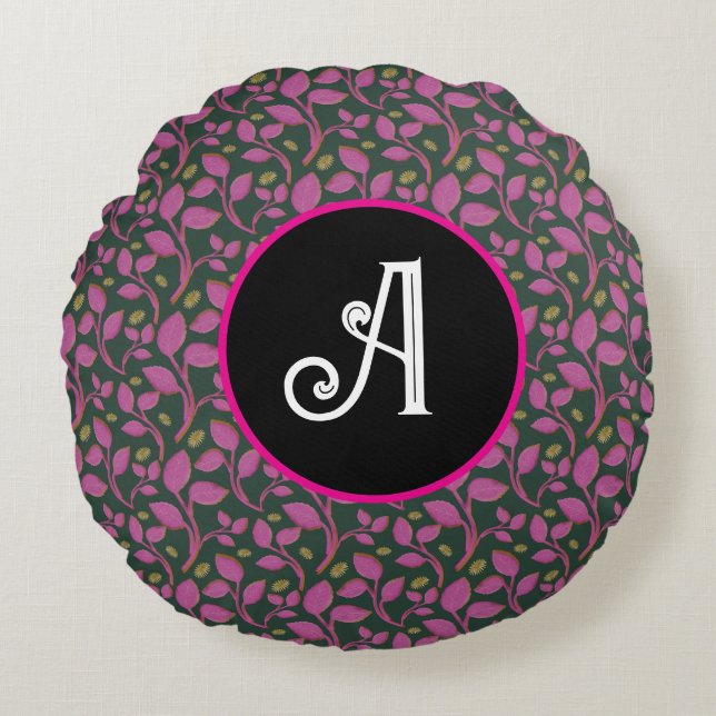 Pink Botanical Vine Pattern | Elegant Floral Leaf  Round Pillow (Front)