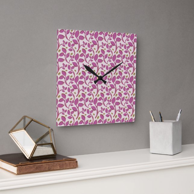 Pink Botanical Vine Pattern | Elegant Floral Leaf  Square Wall Clock (Office)