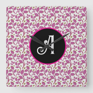 Pink Botanical Vine Pattern Elegant Floral Leaf Square Wall Clock