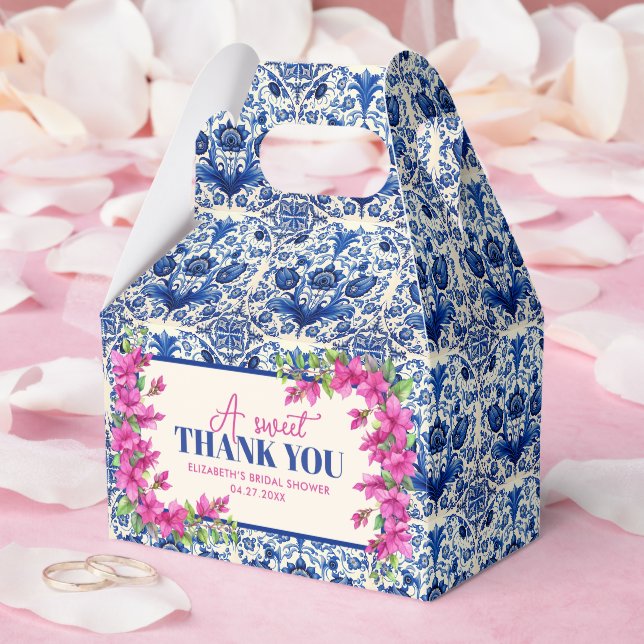 Pink Bougainvillea Blue Tile Bridal Shower Favor Box (Wedding)