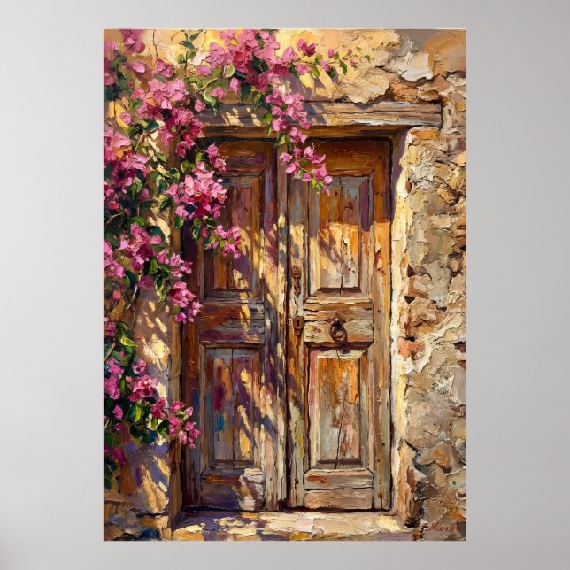 Pink Bougainvillea Floral Rustic Wooden Door Art P Poster (Front)