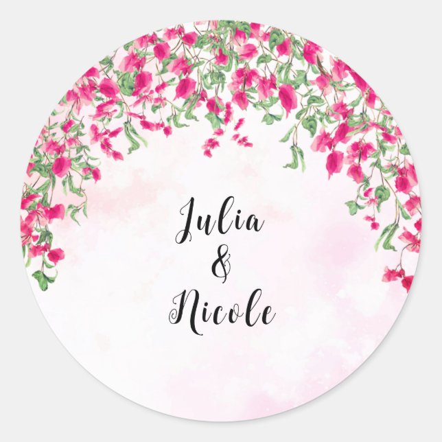 Pink Bougainvillea Tropical Forest Wedding Shower Classic Round Sticker (Front)