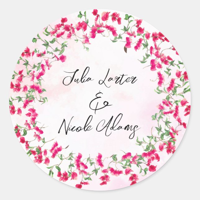 Pink Bougainvillea Tropical Forest Wreath Wedding Classic Round Sticker (Front)