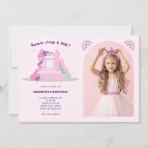 Pink Bounce House Castle Birthday Photo Invitation