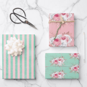 Pink Bouquet & Matching Stripes Wrapping Paper Sheet