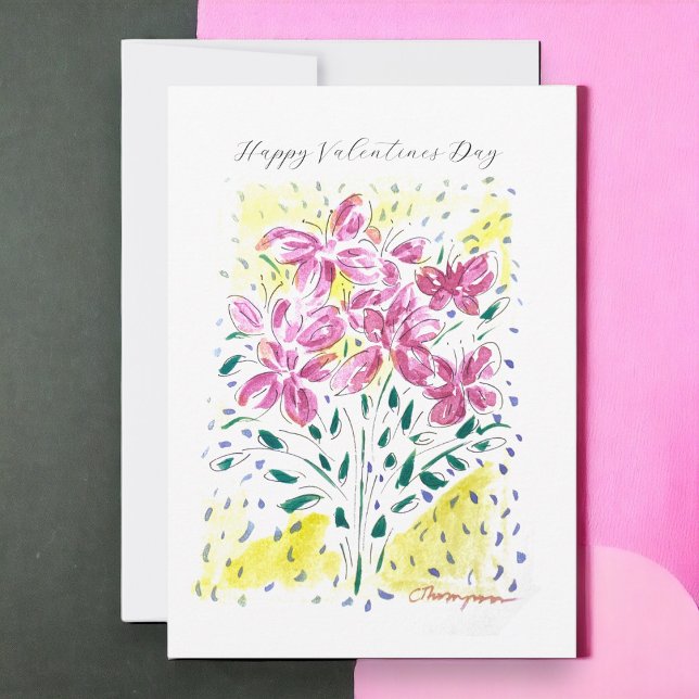 Pink Bouquet of Valentines Day Flowers Holiday Card (A unique and beautiful watercolor painting for you special person this Valentines Day)