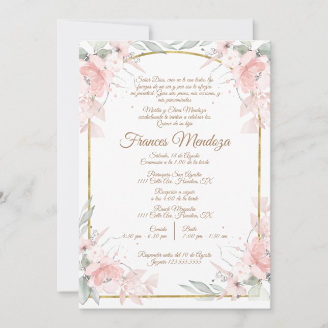 Pink bouquet quinceañera invitation (Front)