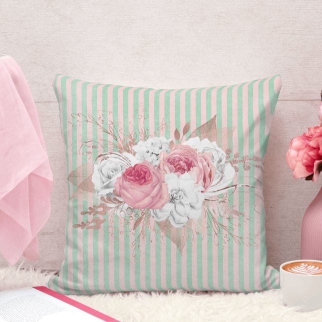 Pink Bouquet Stripes Throw Pillow (Creator Uploaded)