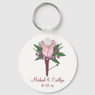 Pink Boutonniere Rose Wedding Groom Best Man Keychain