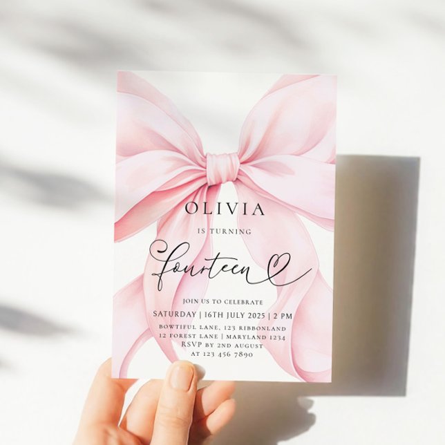 Pink Bow 14th Birthday Party Invitation (Creator Uploaded)