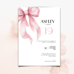 Pink Bow 19th Birthday Invitation for Girls