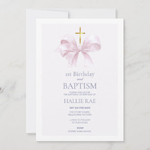 Pink Bow 1st Birthday and Baptism Invitation