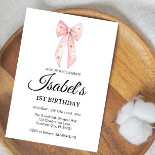 Pink Bow 1st Birthday,Elegant 1st Pink Ribbon Invitation