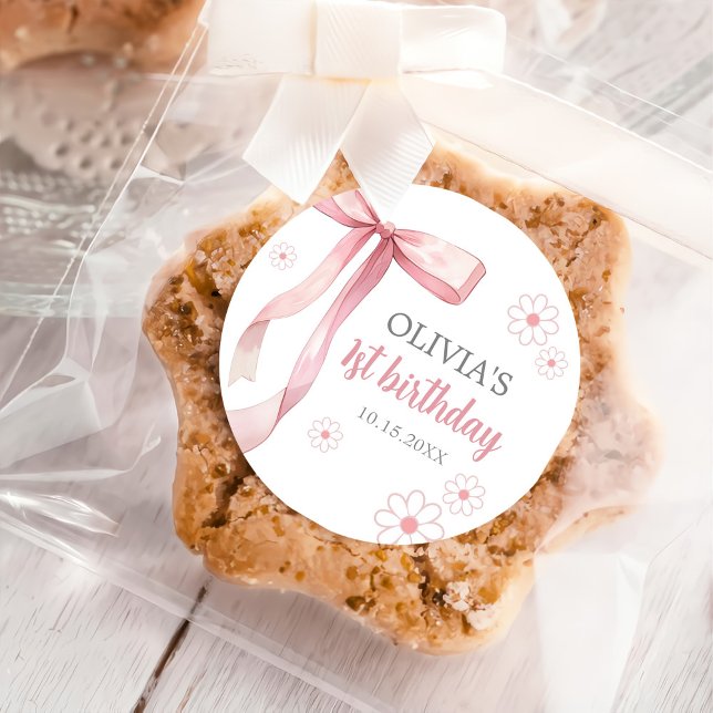 Pink Bow 1st Birthday Girl Classic Round Sticker (Creator Uploaded)