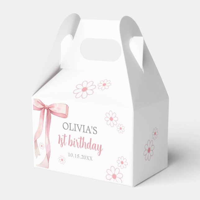 Pink Bow 1st Birthday Girl Favor Box (Front Side)