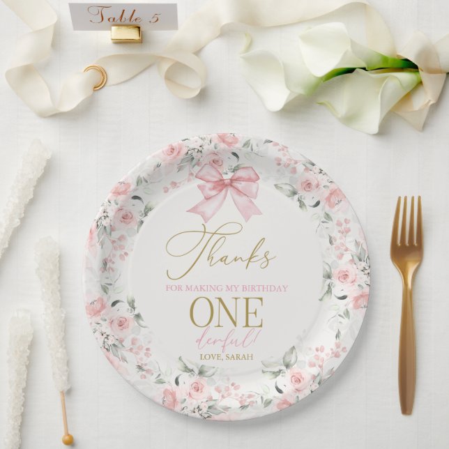 Pink Bow 1st Birthday Girl  Paper Plate (Wedding)
