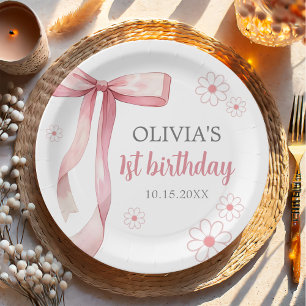 Pink Bow 1st Birthday Girl Paper Plate