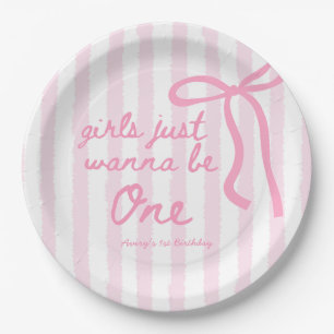 Pink Bow 1st Birthday Girls Just Wanna Be One Sign Paper Plate