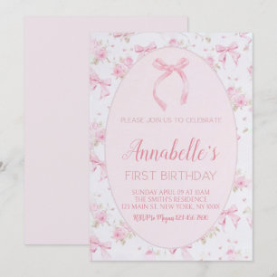 Pink Bow 1st Birthday Invitation, Floral Pink Bow  Invitation