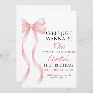 Pink Bow 1st Birthday Invitation for Baby Girl