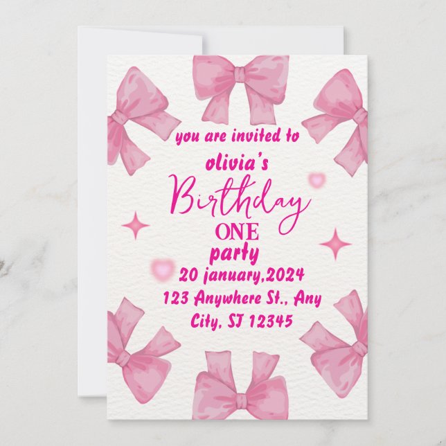 Pink Bow 1st Birthday Invitation Girl (Front)