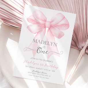 Pink Bow 1st Birthday Invitation, Simple Girl Invitation